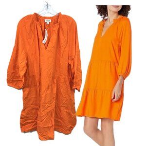 XL Casual Dress V-Neck Ruffle Neck Drop Waist Pleated Flowy Pockets Midi Coral